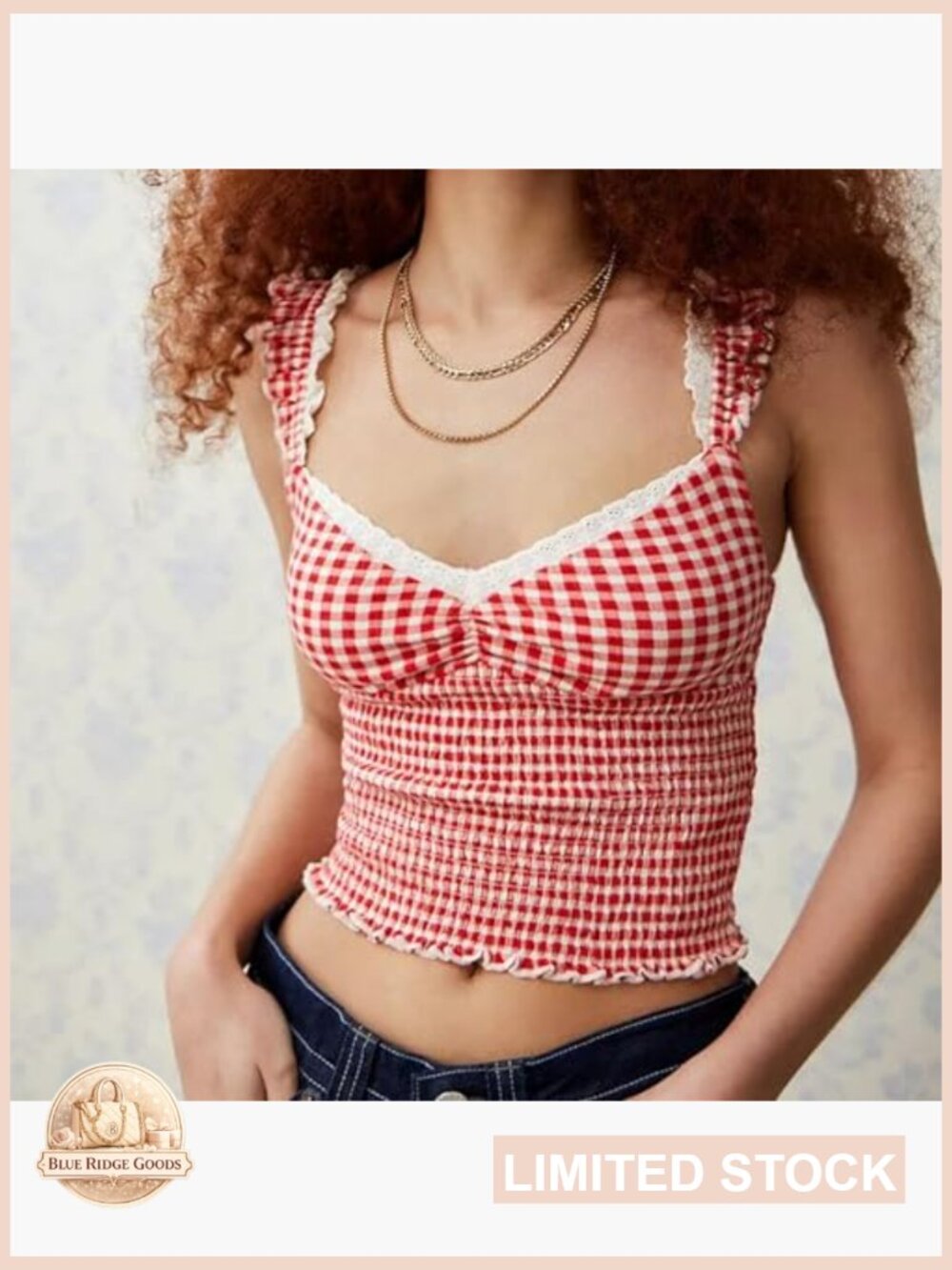 Gingham Lace Trim Square Neck Crop Tank Tops Y2K Sleeveless Going Out Tops Slim - Picture 2 of 5
